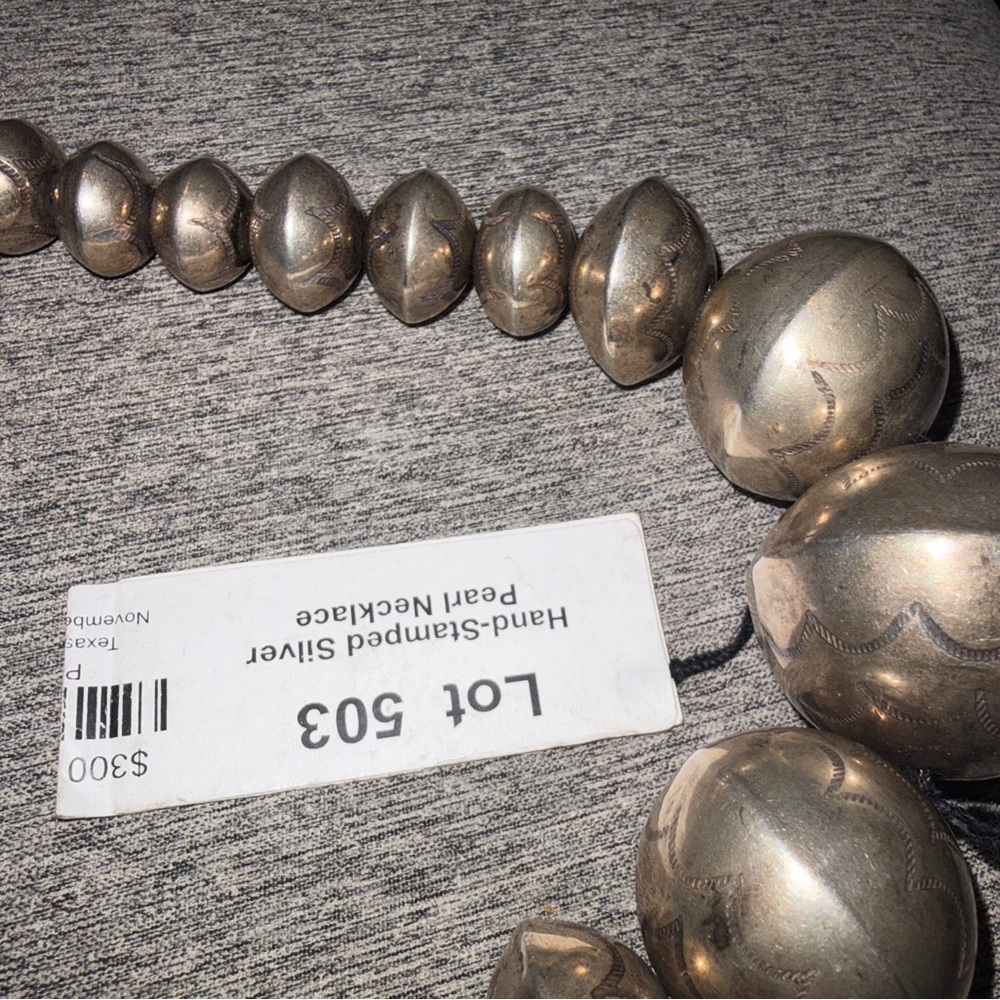 Hand stamped silver pearl necklace- Navajo Style Necklace - Silver - Picture 4 of 7